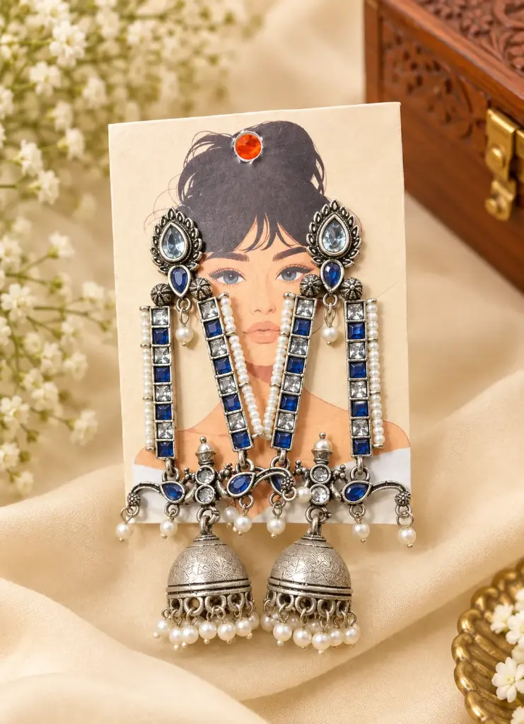 Royal Blue Stone German Silver Jhumka Earrings