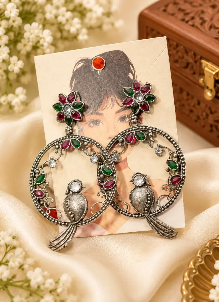 Antique German Silver Multicolor Hoop Earrings