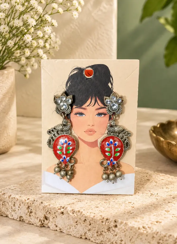 Red Meenakari Elephant Design German Silver Earrings