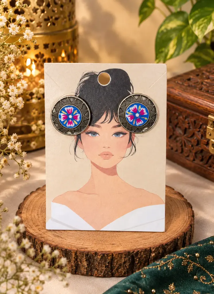 Blue & Pink Floral German Silver Earrings
