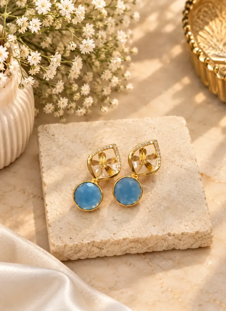 Golden Plated Sky Blue Stone Drop Earrings