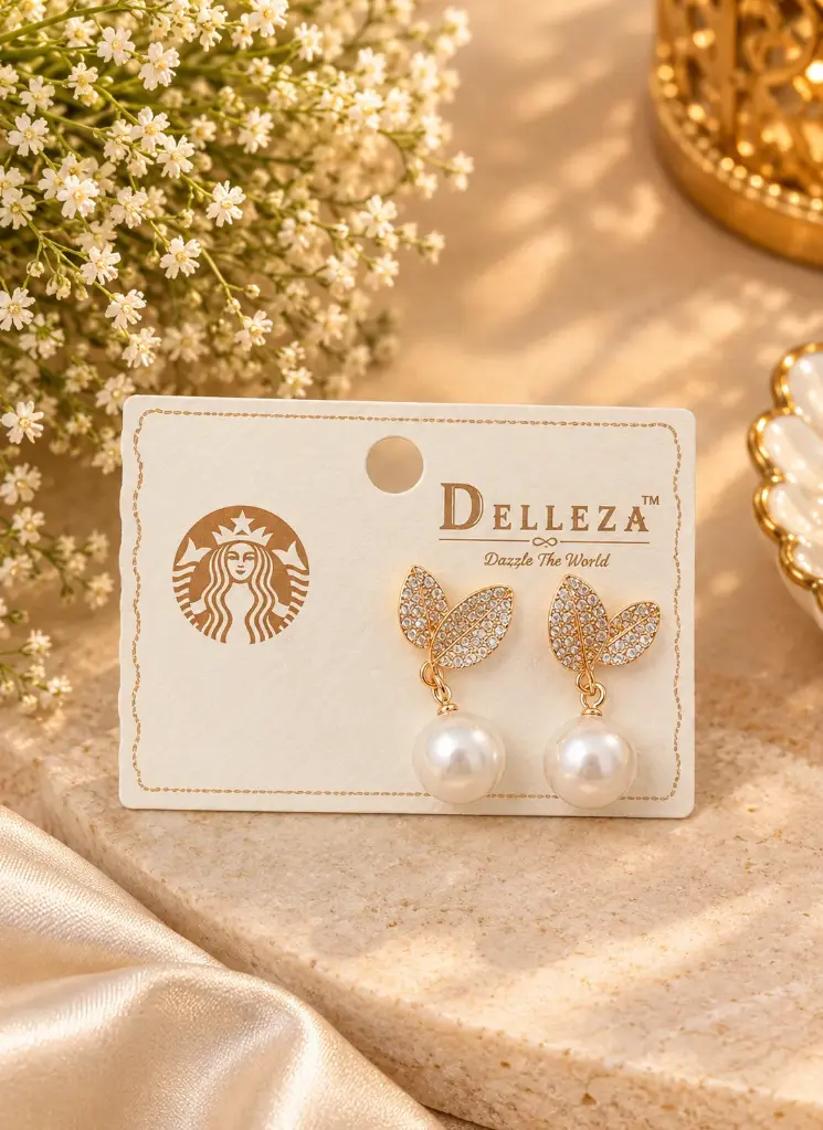 Rose Gold Crystal Leaf Pearl Drop Earrings