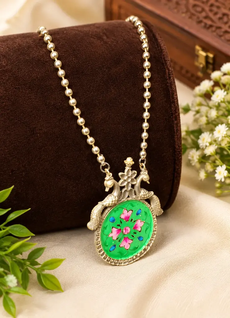 Traditional Peacock-Inspired Enamel Pendant Necklace