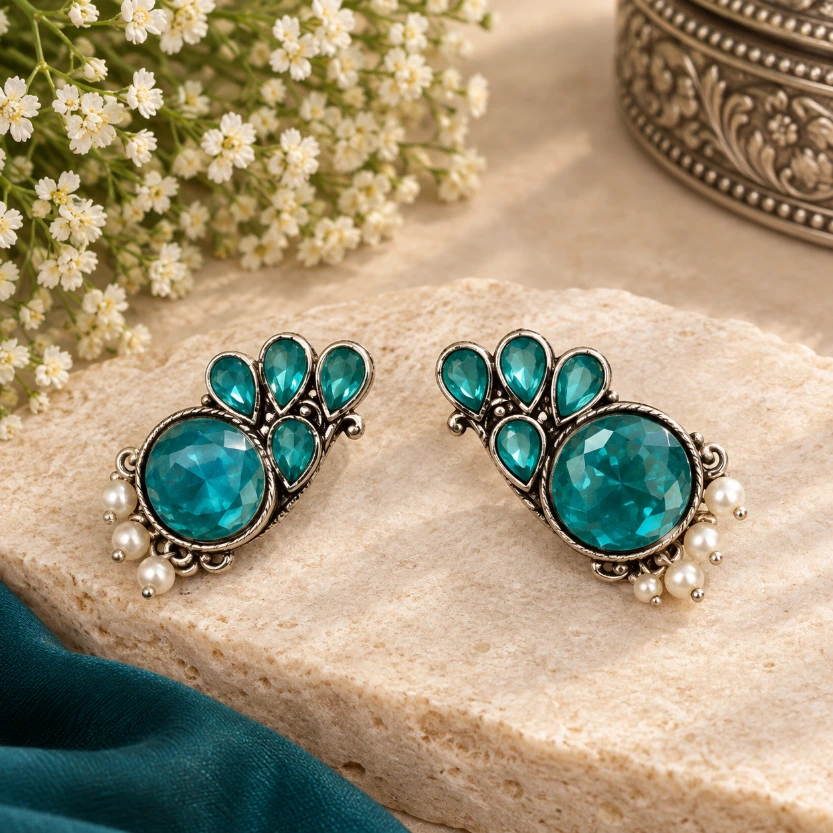 Royal German Silver Teal Crystal Pearl Statement Earrings