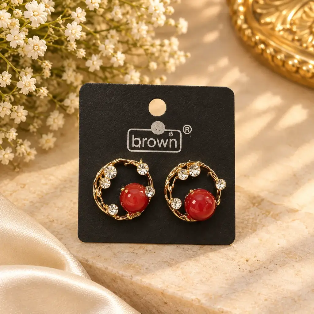 Elegant Gold-Tone Red Gemstone & Crystal Hoop Earrings