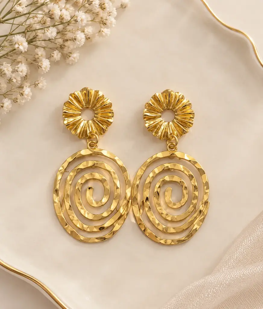 Golden Spiral – Floral Statement Drop Earrings