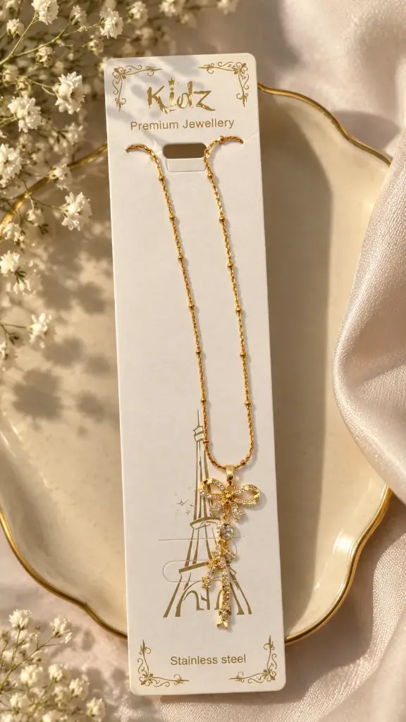 Gold Bow & Crystal Pendant Necklace