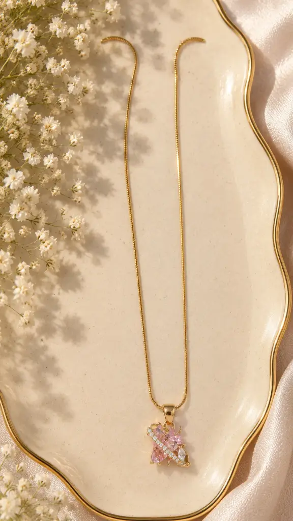 Gold Pink Butterfly Crystal Pendant Necklace