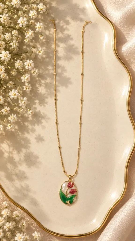 Gold Red & Green Floral Enamel Pendant Necklace