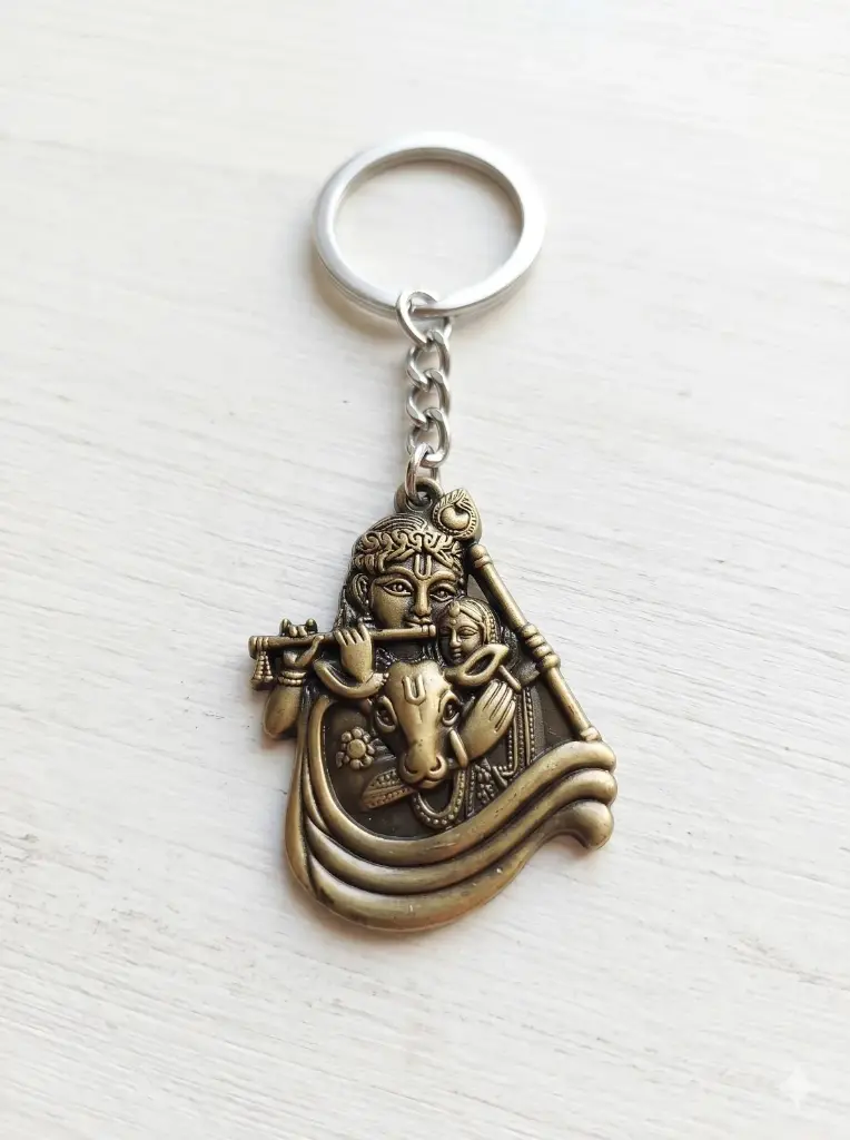 Shree Krishna with Kamdhenu Cow Antique Brass Keychain