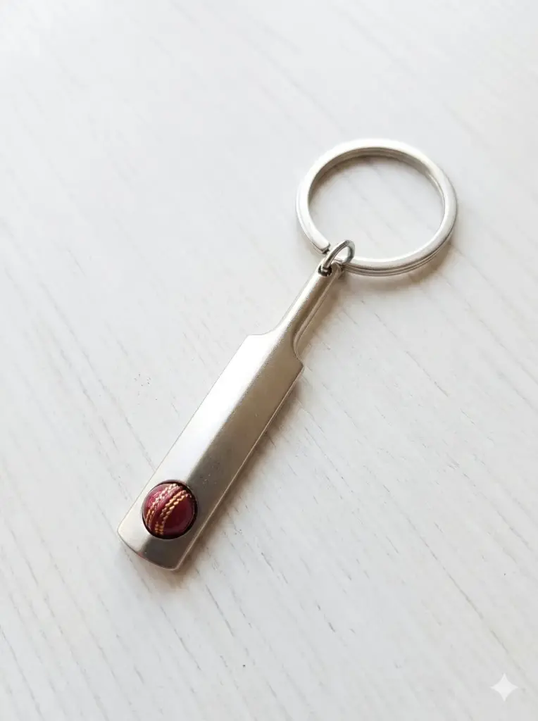 Classic Cricket Bat & Red Leather Ball Metal Keychain