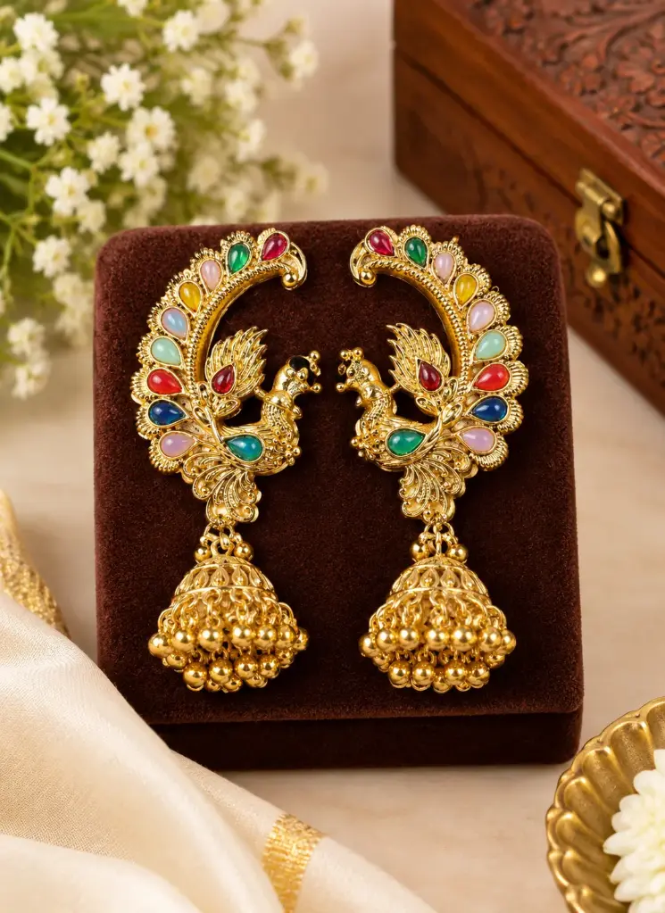 Royal Peacock Multicolor Stone Jhumka Earrings