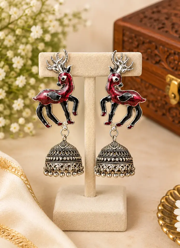Red Deer Design German Silver Jhumka Earrings